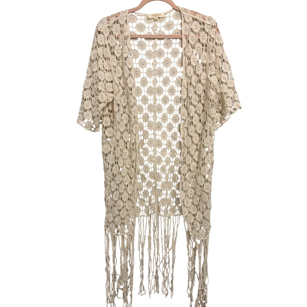 Beige Crochet Fringe Open-Front Cardigan Kimono